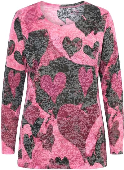 MIAMODA - Dames - T-shirt comfortabele pasvorm hartmotief lange mouwen - Flamingo - Maat 42