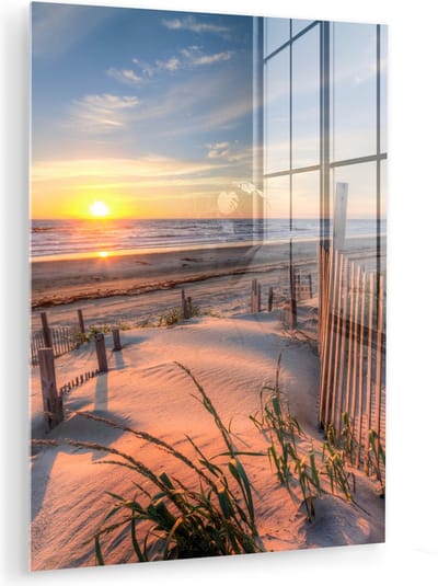 MuchoWow® Glasschilderij 90x120 cm - Schilderij acrylglas - Strand - Zee - Duin - Zonsondergang - Landschap - Foto op glas - Muurdecoratie woonkamer - Wanddecoratie slaapkamer - Schilderijen