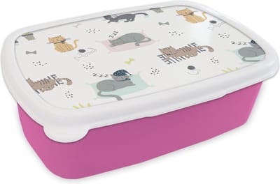 Broodtrommel Roze - Lunchbox - Brooddoos - Katten - Huisdieren - Patronen - 18x12x6 cm - Kinderen - Meisje