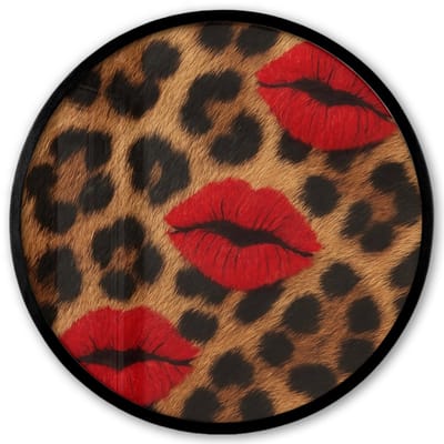 Poster in lijst Rond - Fotolijst 40x40 cm - Posters - Lippen - Drie - Rood - Panterprint - Ronde posterlijst zwart - Decoratie - Wanddecoratie woonkamer - Muurdecoratie slaapkamer