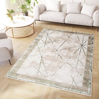 Tapiso Crystal Vloerkleed Groen Beige Laagpolig Lijnen Modern Tapijt Maat- 80x150