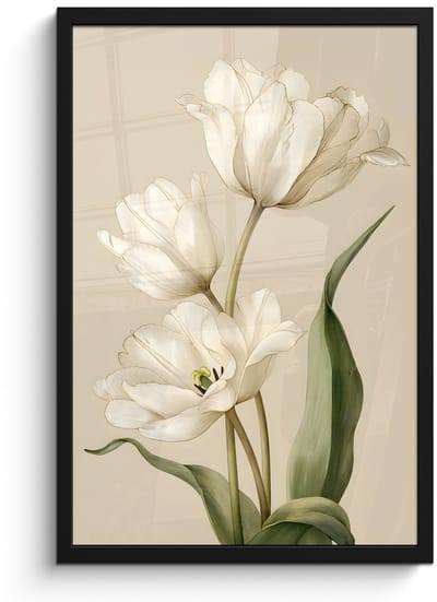 Poster in lijst - Fotolijst 40x60 cm - Posters - Tulpen - Wit - Bladeren - Posterlijst zwart - Decoratie - Wanddecoratie woonkamer - Muurdecoratie slaapkamer