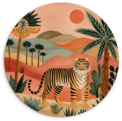 WallCircle® Wandcirkel 120x120 cm - Muurcirkel Tijger - Kleurrijk - Palmen - Cactus - Muurdecoratie woonkamer - Wanddecoratie slaapkamer - Kamer decoratie accessoires - Ronde schilderijen XXL