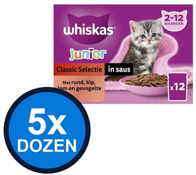 5x Whiskas - 2-12M Pouch Junior Saus Classic Selectie Multipack (12x85g) - Kattenvoer Natvoer - 1.02 kg