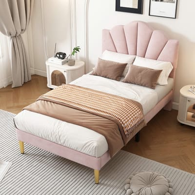 VVBV Gestoffeerd Eenpersoonsbed 90x200 cm - Lattenbodem, Schelphoofdbord, Houten Lattenbodem - Hout/Metaal Roze/Goud