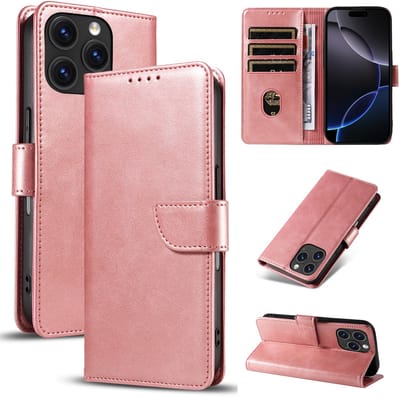 Bookcase Hoesje Geschikt voor iphone 16 Pro – Luxe PU Kalfsleer Telefoonhoes – Portemonnee Hoesje met Kaartvakken, Contant Geldvak, Magneetsluiting & Standaardfunctie - Rosegoud
