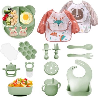 Complete Baby Eetset van 14 Delen met Antislip, Silicone Bord, Kom, Bestek en Slabbetje, Veilig en BPA-vrij voor Kinderen