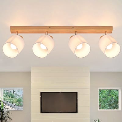 NETTLIFE Opbouwspot - 4-lichts - hout - E14 Fitting - met Stof Lampkap - 350° draaibar Plafondspot - Vintage Keukenlamp - Max. 25W - Metaal - voor Slaapkamer | Hal | Woonkamer - Zonder Lichtborn - L 65cm