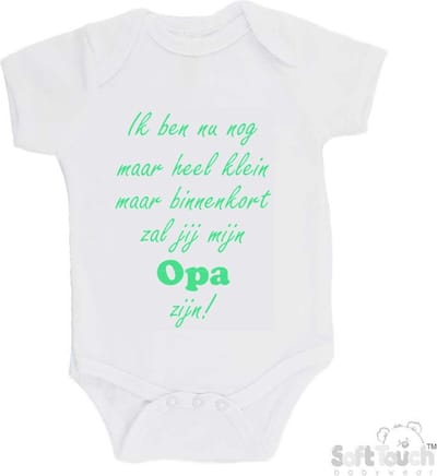100% katoenen Romper "Ik ben nu nog maar heel klein maar binnenkort zal jij mijn opa zijn!" Unisex Katoen Wit/mint Maat 62/68