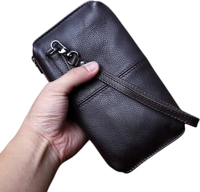 Heren Leren Handtas – Leren Clutch Heren & Telefoontas – Retro Portemonnee met Rits (Grote Capaciteit) - Donker grijs
