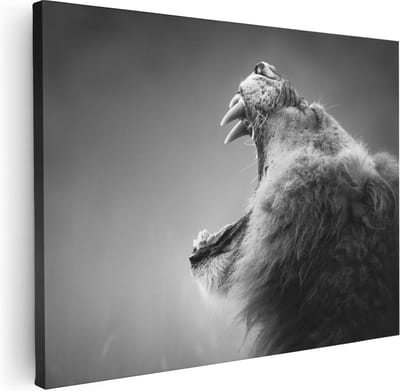 Artaza Canvas Schilderij Brullende Leeuw - Zwart Wit  - 40x30 - Klein - Foto Op Canvas - Canvas Print