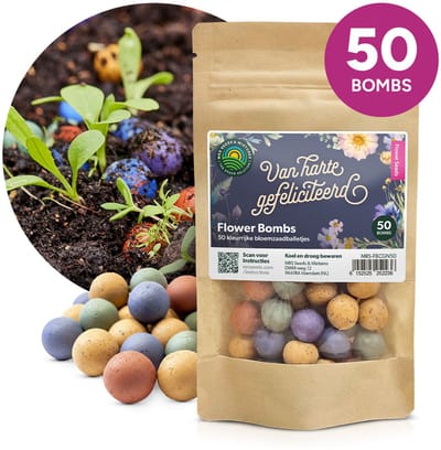 Flower Bombs - Zaadbommen mix - Van harte gefeliciteerd! - 50 stuks - Biologische wilde bloemzaden - Handgemaakte bloembommetjes - Leuk cadeau of relatiegeschenk