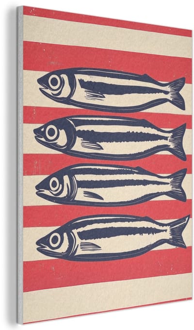 Akoestisch wandpaneel 30x40 cm - Vilt schilderij Sardines - Rood en beige strepen - Akoestische panelen - Geluidsdempende wanddecoratie - Geluidsisolatie woonkamer - Muurdecoratie geluidspanelen