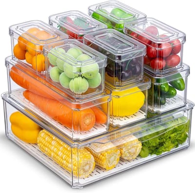 Famanu - Koelkast organizer set van 10 – stapelbare opbergdozen met deksel – transparant – voor groenten, fruit en snacks