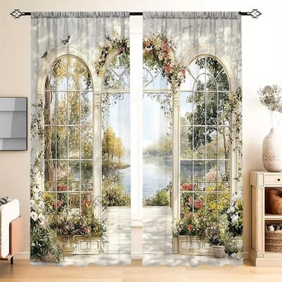 2 stuks Franse tuin olieverfschilderij bedrukt gordijn voor thuisdecoratie - Rod Pocket raamdecoratie voor slaapkamer, kantoor, keuken 75cmX165cm X 2pcs