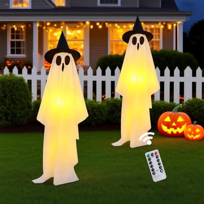Dailygoods- Spookdecoraties 2x Verlicht - Staande Geesten - Afstandsbediening - Halloween Decoratie - Tuin/Gazon - Doek/Plastic/RVS - Halloweendecoratie