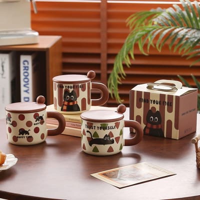 Niche Design en Hoge Waarde Kantoor Meisje Waterbeker met Deksel Leuke Cartoon Kat Mok 301-400ml black