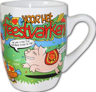 Mok - Snoep - Voor het feestvarken - Cartoon - In cadeauverpakking met gekleurd krullint
