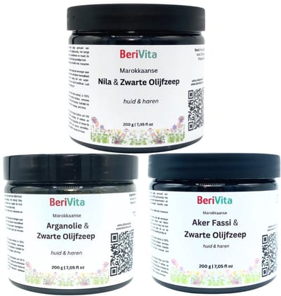 Voordeelset: 3x200gr Marokkaanse Zwarte Zeep - 200gr met Nila Poeder, 200gr met Aker Fassi Poeder en 200gr met Arganolie - Sabon Beldi