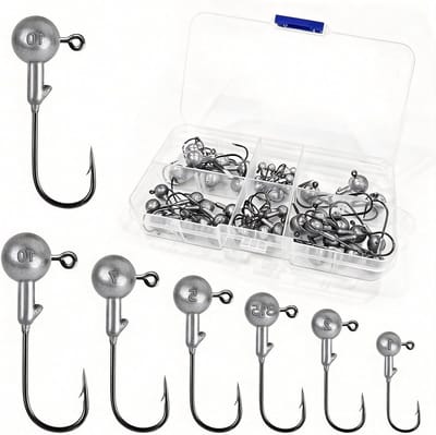 Dailygoods - 52 stuks ronde loodkop, 6 maten vishaken met ronde haken (1 g/2 g/3,5 g/5 g/7 g/10 g), hoogwaardige offsethaken voor zoet- en zoutwaterforel vissen