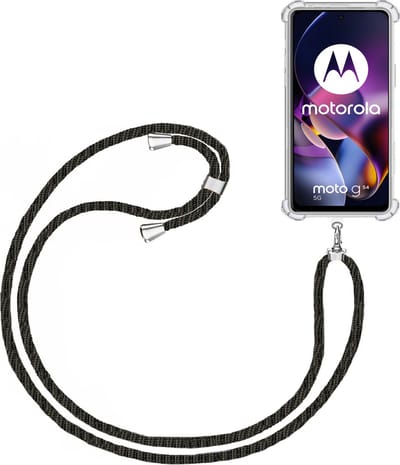 Telefoonkoord + Hoesje Geschikt voor Motorola Moto G54 - Lengte Verstelbaar - Telefoonketting - Shock Proof Case - Zwart