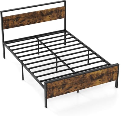COSTWAY Metalen bedframe voor matrassen van 200 x 140 cm, industrieel platformbed met houten hoofd- en voeteneinde, zwaar belastbaar tweepersoonsbedframe, rustiek bruin