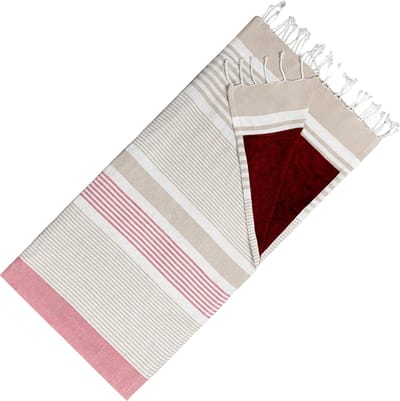 Hamamdoek Dubbelzijdige Kikoydoek & Badstof - Trendy Hammamdoek - 100% Katoen - 95 x 175 cm - Beige-burgundy