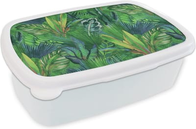 Broodtrommel Wit - Lunchbox - Brooddoos - Bladeren - Tropisch - Patronen - 18x12x6 cm - Volwassenen