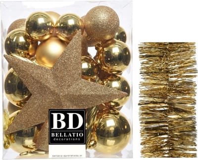 Kerstballen 5-6-8 cm 32x st met ster piek en slinger goud - kunststof