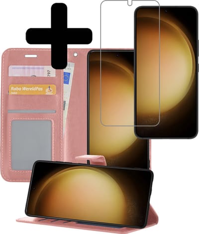 Hoesje - Met Screenprotector - Geschikt voor Samsung Galaxy S23 - Luxe Pasjeshouder - Bookcase Portemonee - Flip Case - Kunstleer Book Case - Flipcase - Book Cover - Walletcase - Portemonneehoes - Telefoonhoesjes - Rosé goud