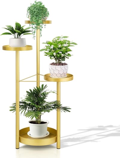 Metalen plantenstandaard voor binnen en buiten, 4 niveaus, opvouwbaar rek met gouden bloempothouders, hoekplantenrek voor woonkamer, slaapkamer, kantoor en tuin, goud