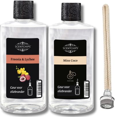 Scentchips Freesia lychee + Miss coco + Lont - Geurolie Voor Oliebrander Set van 2 - Inclusief Geurlont - Parfum Olie - Geurolie Voor Lampenolie - Geurlamp Olie - 475ml x 2