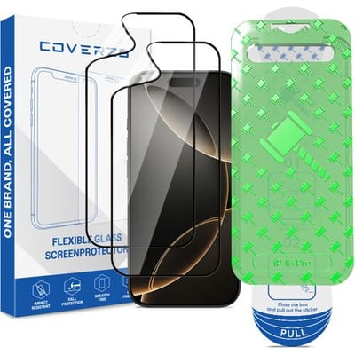 Coverzs Flexibel PMMA Glass Screenprotector met frame (2-pack) geschikt voor iPhone 16 Pro – Flexibel Glas – Beschermfolie met Montageframe – Premium Schermbescherming