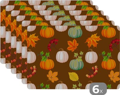 Placemat - Placemats kunststof - Herfst - Pompoenen - Patronen - 45x30 cm - 6 stuks - Hittebestendig - Anti-Slip - Onderlegger - Afneembaar