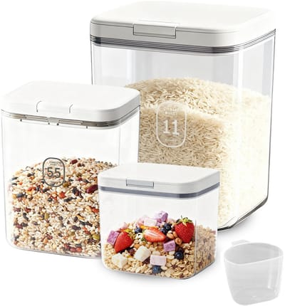 rijstdozenset, 3 stuks (11 l + 5,5 l + 1,2 l), luchtdichte BPA-vrije container met maatbeker, ideaal voor rijst, muesli en pasta, voor gezinnen en eetkamer, keuken