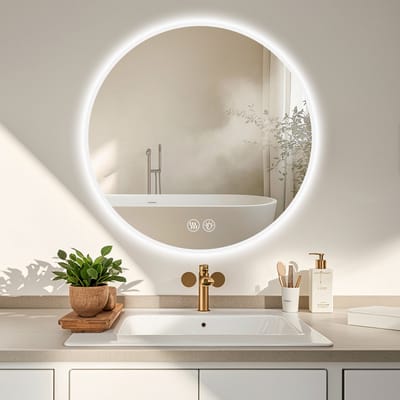 HAUSS SPOLE Badkamerspiegel – Rond 70 cm met Verlichting en Ontwaseming – Glas en Metaal – Zilver – Wandmontage en Dimbaar