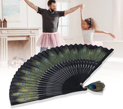 Vouwventilator Pauwenpatroon - Decoratieve waaier - Dansaccessoire - Handgemaakt bamboe - 38 x 21.5 cm - Zwart