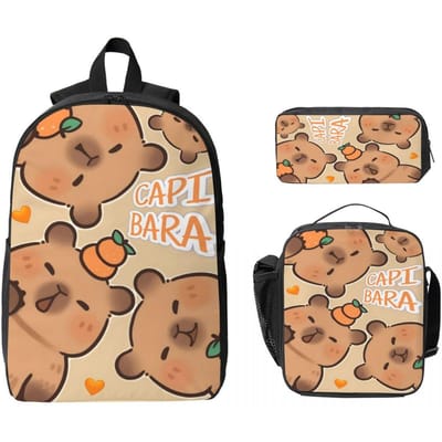 Set de 3 Sacs d'école Kawaii Capybara Drôles pour Enfants Boîtes à Crayons Sacs à Dos avec Boîte à Lunch Pour Étudiants Sac à Dos