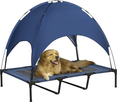 PawHut Huisdierenbed met luifel verhoogd hondenbed hondenligbed ademend taft-stof D04-060-1