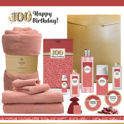 Geschenkset “100 Jaar Happy Birthday!” - 13 producten - 1980 gram | Cadeau Verjaardag - Luxe wellness cadeaubox - Giftset Speciaal voor Haar - Gefeliciteerd - Verjaardag - Cadeaupakket - Gift Set Party - Verjaardagscadeau Goud - Rood - Roze