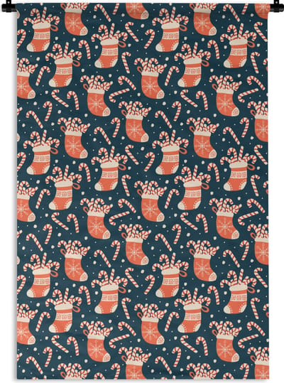 Wandkleed - Wanddoek - Sokken - Snoep - Kerst - Patronen - 120x180 cm - Wandtapijt