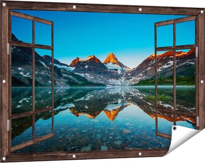 Gards Tuinposter Doorkijk Berg Assiniboine bij het Meer in Canada - 120x80 cm - Tuindoek - Tuindecoratie - Wanddecoratie buiten - Tuinschilderij
