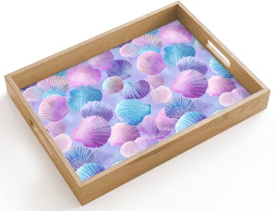 Dienblad hout 40x30 cm - Schootdienblad - Schelpen - Paars - Blauw - Patroon - Borrelplank rechthoek - Plateau dienbladen