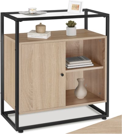 tectake® Kast met glazen blad en 2 vakken - Wandkast - Industrieel design - Houten dressoir voor woonkamer, hal, keuken - Zwart metalen frame - Afmeting (LxBxH) 70 x 38 x 80,5 cm - Lichtbruin