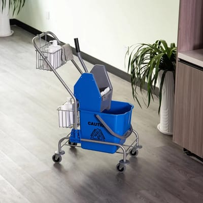 Pugsdrly Schoonmaakemmer, dweilemmer, verrijdbaar, kunststof, metalen handgreep, blauw