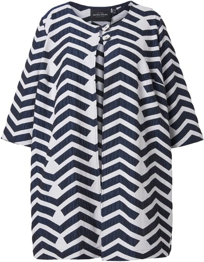 Ulla Popken - Dames - Jas grafisch design ronde hals stolpplooi lange mouwen - Donkermarine - Maat 54+
