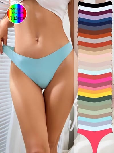 12 Stuks V-String Panties voor Vrouwen - Assorted Effen Kleuren - Zacht en Ademend Ondergoed