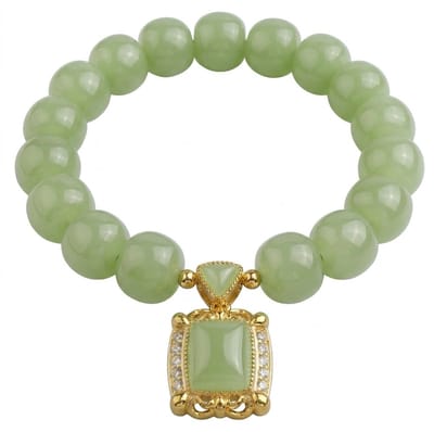 Groen goudkleurige kralen armband voor dames met vierkante hanger – elastische armband met siersteen detail