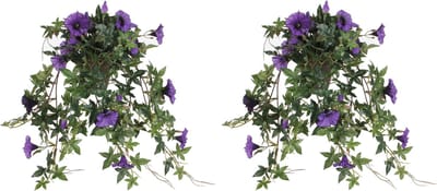 Mica Decorations Kunstplant Petunia - 2x - paars - 50 cm - kunst hangplanten