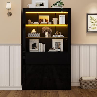 BLACKCOLORS 100*35*170 cm Kast, vitrinekast Glanzende opbergkast met ledverlichting, 2 glazen planken, 2 kasten, hoog dressoir, salonkast, opbergkast, hoge kast, bankkast, zwart